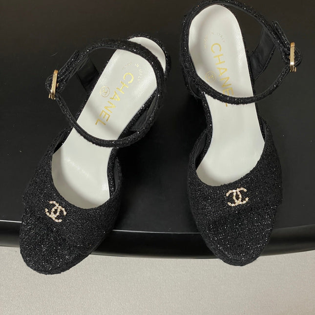 CHANEL 26S HIGH HEEL SANDALS 120 MM IN BLACK TWEED