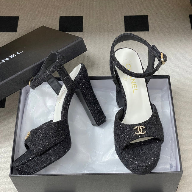 CHANEL 26S HIGH HEEL SANDALS 120 MM IN BLACK TWEED