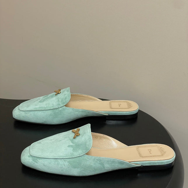 DIOR 26S MULES IN LIGHT MINT GREEN SUEDE WITH BOW