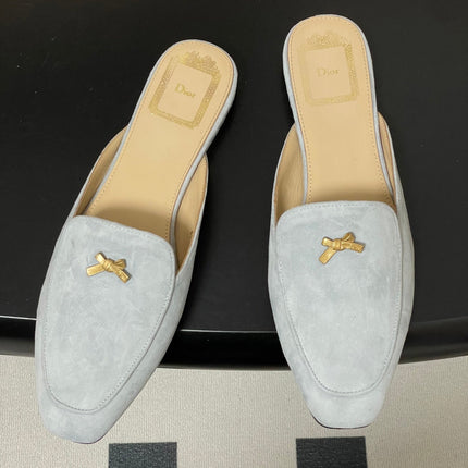 DIOR 26S MULES IN LIGHT BLUE GRAY SUEDE WITH BOW