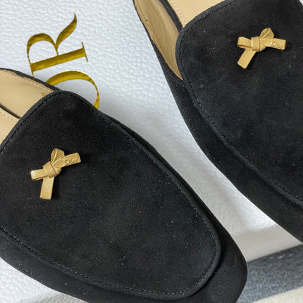 DIOR 26S MULES IN BLACK SUEDE WITH BOW