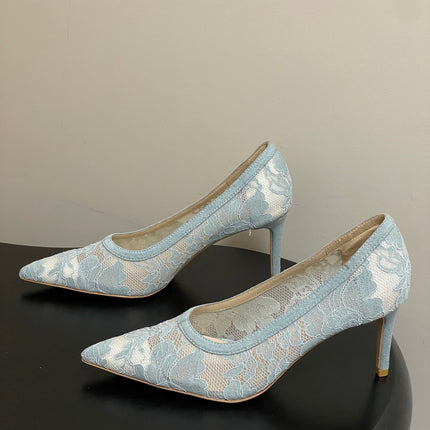 GIANVITO ROSSI 26S HIGH HEELS 85 MM IN LIGHT BLUE LACE