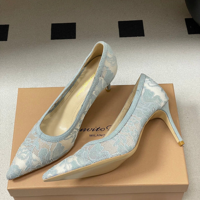 GIANVITO ROSSI 26S HIGH HEELS 85 MM IN LIGHT BLUE LACE
