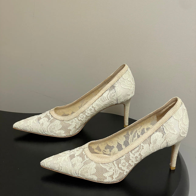 GIANVITO ROSSI 26S HIGH HEELS 85 MM IN CREAM WHITE LACE