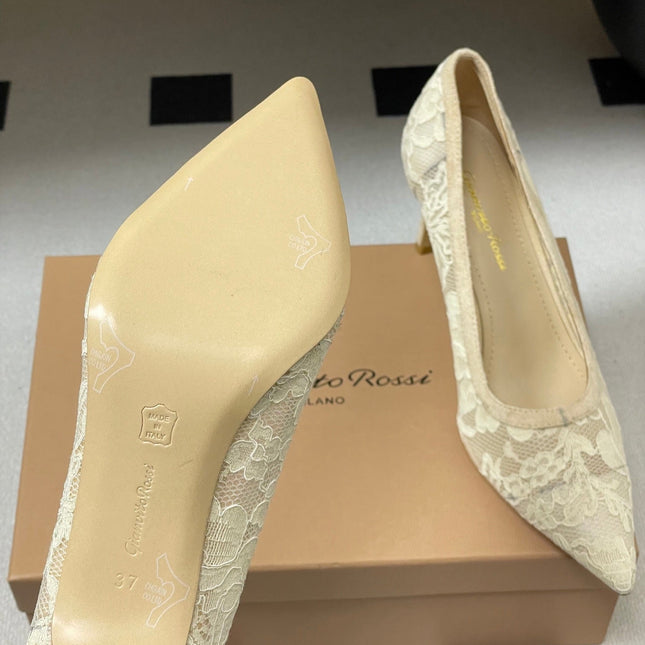 GIANVITO ROSSI 26S HIGH HEELS 85 MM IN CREAM WHITE LACE