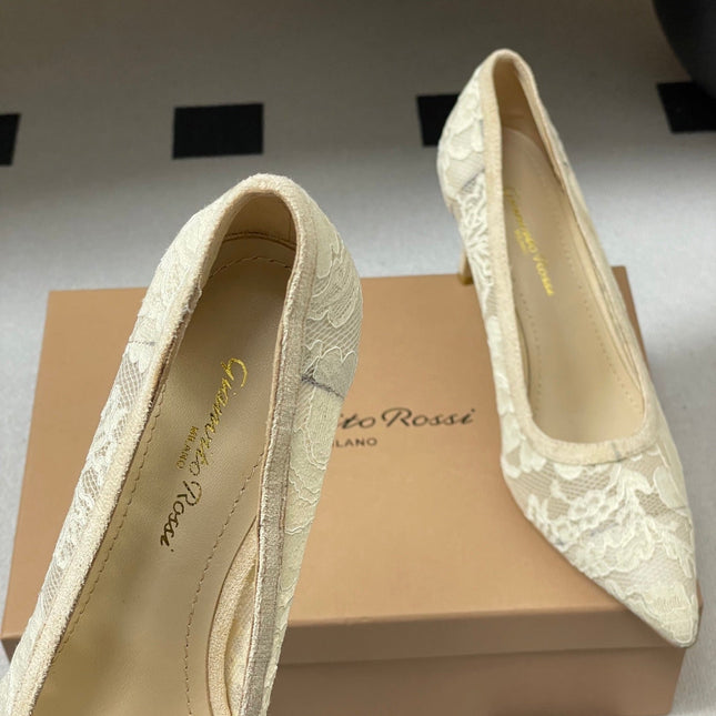 GIANVITO ROSSI 26S HIGH HEELS 85 MM IN CREAM WHITE LACE