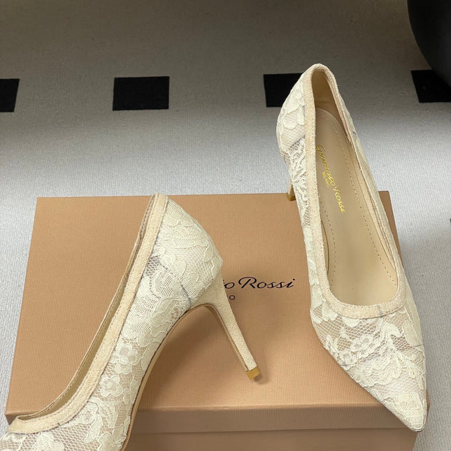 GIANVITO ROSSI 26S HIGH HEELS 85 MM IN CREAM WHITE LACE