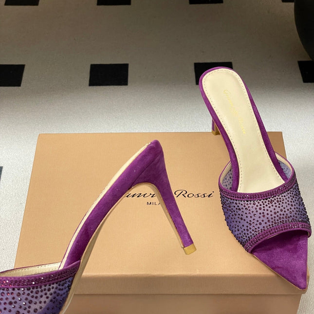 GIANVITO ROSSI 26S HIGH HEELS 85 MM IN PURPLE SUEDE WITH RHINESTONE STRAP