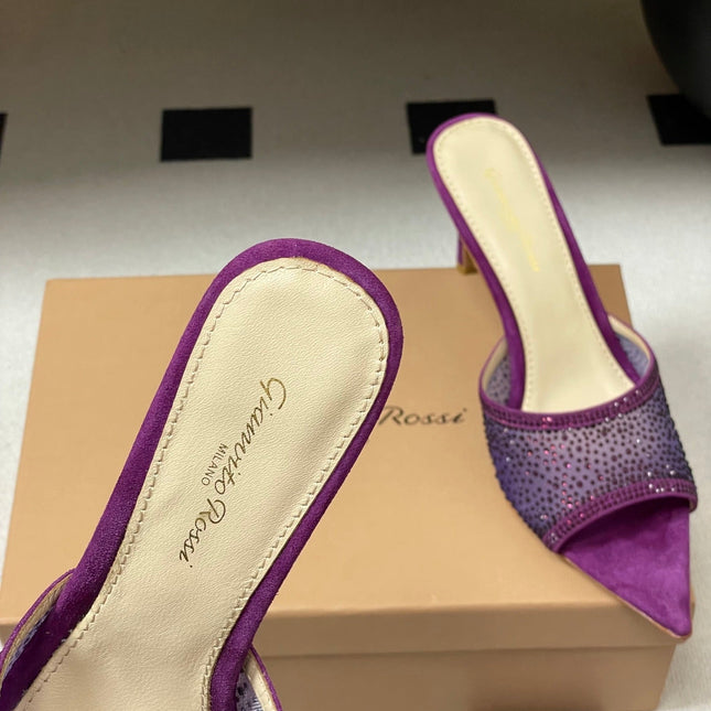 GIANVITO ROSSI 26S HIGH HEELS 85 MM IN PURPLE SUEDE WITH RHINESTONE STRAP