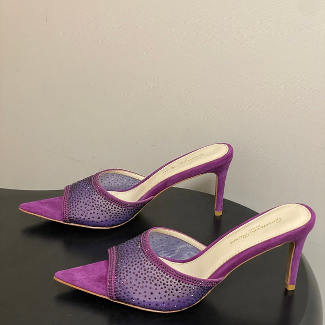 GIANVITO ROSSI 26S HIGH HEELS 85 MM IN PURPLE SUEDE WITH RHINESTONE STRAP