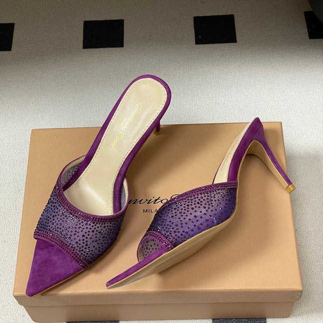 GIANVITO ROSSI 26S HIGH HEELS 85 MM IN PURPLE SUEDE WITH RHINESTONE STRAP