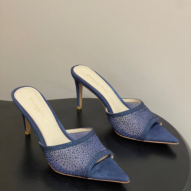 GIANVITO ROSSI 26S HIGH HEELS 85 MM IN NAVY BLUE SUEDE WITH RHINESTONE STRAP