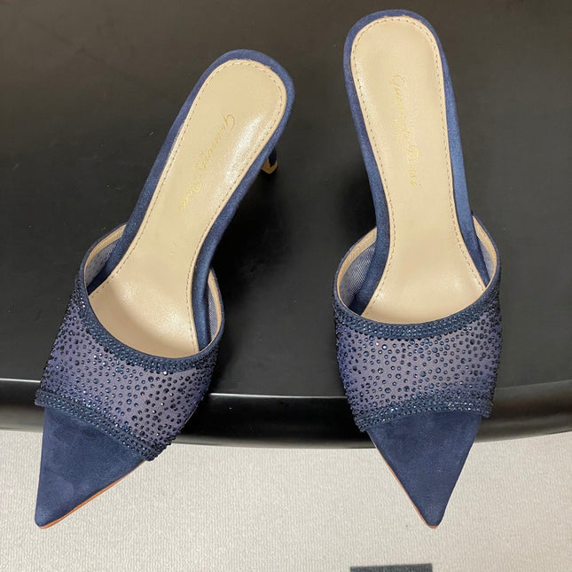GIANVITO ROSSI 26S HIGH HEELS 85 MM IN NAVY BLUE SUEDE WITH RHINESTONE STRAP