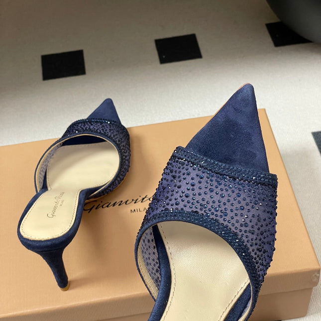 GIANVITO ROSSI 26S HIGH HEELS 85 MM IN NAVY BLUE SUEDE WITH RHINESTONE STRAP