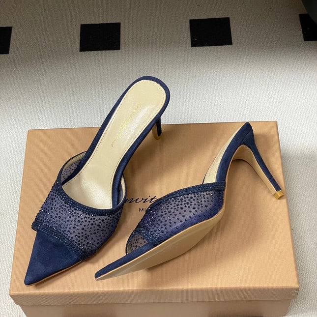 GIANVITO ROSSI 26S HIGH HEELS 85 MM IN NAVY BLUE SUEDE WITH RHINESTONE STRAP