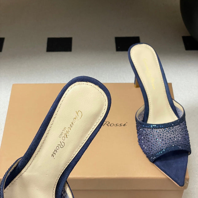 GIANVITO ROSSI 26S HIGH HEELS 85 MM IN NAVY BLUE SUEDE WITH RHINESTONE STRAP