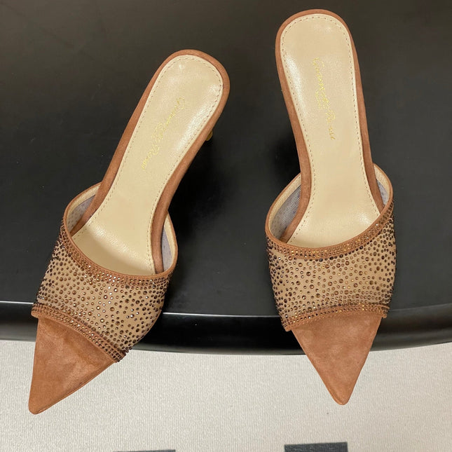 GIANVITO ROSSI 26S HIGH HEELS 85 MM IN BROWN SUEDE WITH RHINESTONE STRAP