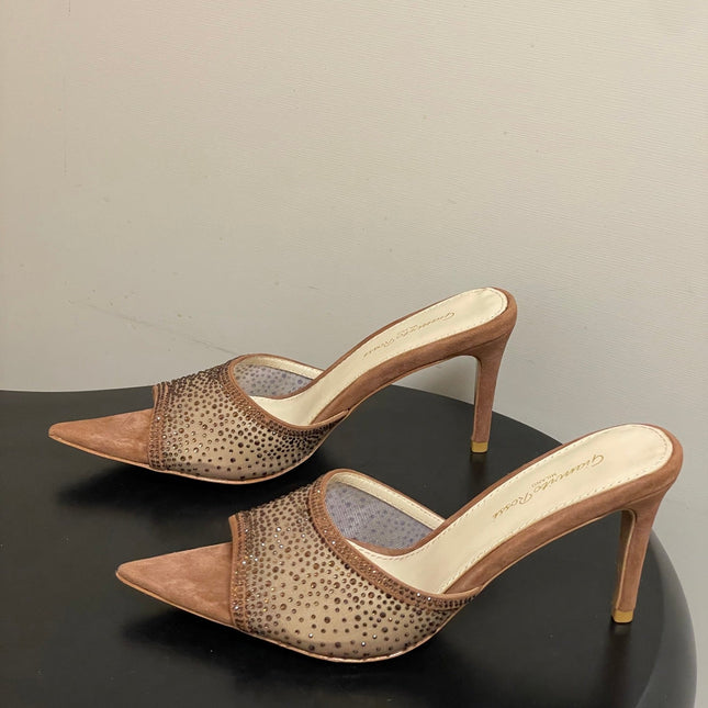 GIANVITO ROSSI 26S HIGH HEELS 85 MM IN BROWN SUEDE WITH RHINESTONE STRAP