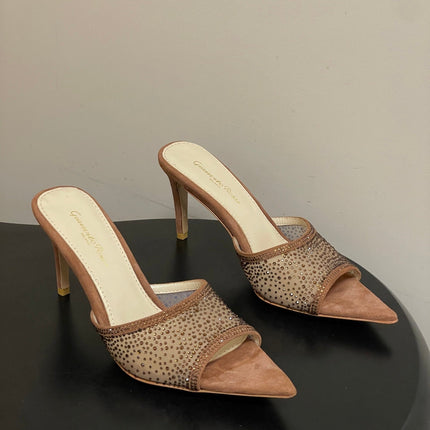 GIANVITO ROSSI 26S HIGH HEELS 85 MM IN BROWN SUEDE WITH RHINESTONE STRAP