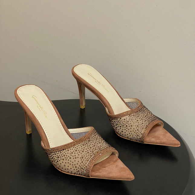 GIANVITO ROSSI 26S HIGH HEELS 85 MM IN BROWN SUEDE WITH RHINESTONE STRAP