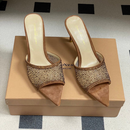 GIANVITO ROSSI 26S HIGH HEELS 85 MM IN BROWN SUEDE WITH RHINESTONE STRAP