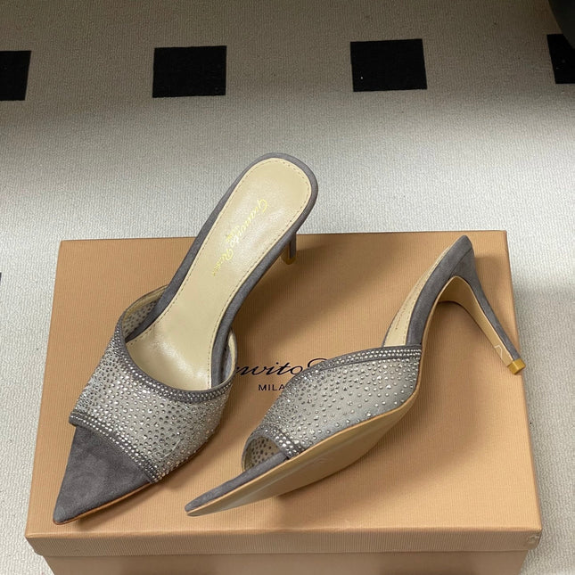 GIANVITO ROSSI 26S HIGH HEELS 85 MM IN GREY SUEDE WITH RHINESTONE STRAP