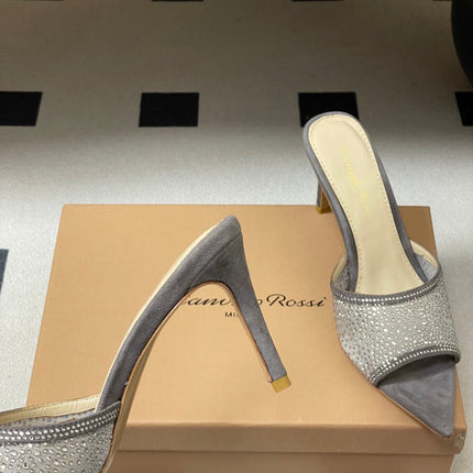 GIANVITO ROSSI 26S HIGH HEELS 85 MM IN GREY SUEDE WITH RHINESTONE STRAP