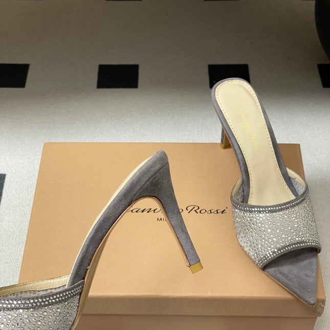 GIANVITO ROSSI 26S HIGH HEELS 85 MM IN GREY SUEDE WITH RHINESTONE STRAP