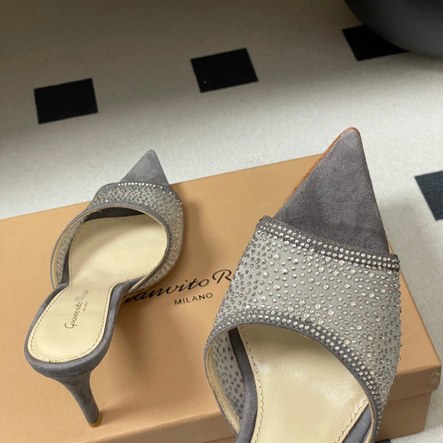 GIANVITO ROSSI 26S HIGH HEELS 85 MM IN GREY SUEDE WITH RHINESTONE STRAP