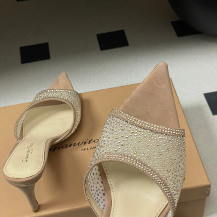 GIANVITO ROSSI 26S HIGH HEELS 85 MM IN NUDE BEIGE SUEDE WITH RHINESTONE STRAP