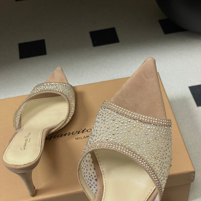 GIANVITO ROSSI 26S HIGH HEELS 85 MM IN NUDE BEIGE SUEDE WITH RHINESTONE STRAP
