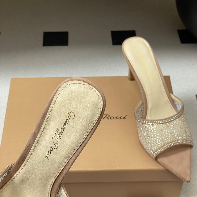 GIANVITO ROSSI 26S HIGH HEELS 85 MM IN NUDE BEIGE SUEDE WITH RHINESTONE STRAP