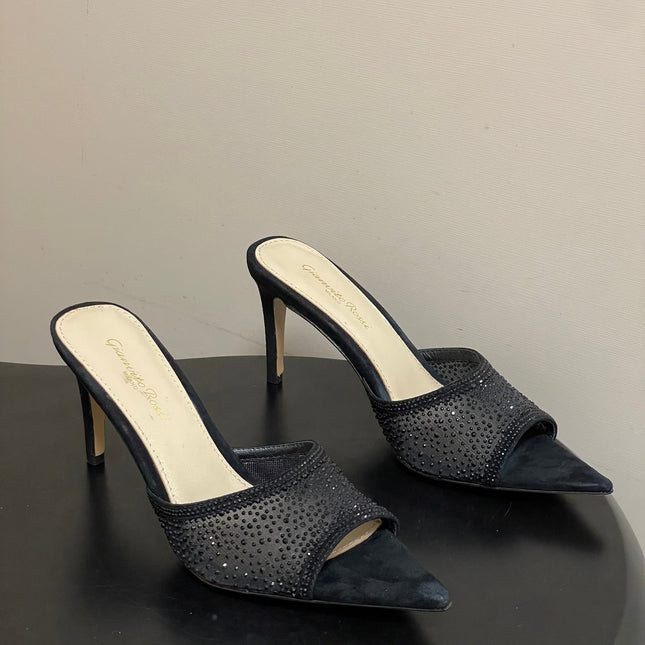 GIANVITO ROSSI 26S HIGH HEELS 85 MM IN BLACK SUEDE WITH RHINESTONE STRAP