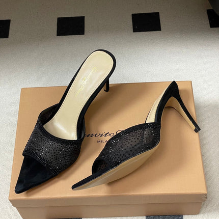 GIANVITO ROSSI 26S HIGH HEELS 85 MM IN BLACK SUEDE WITH RHINESTONE STRAP