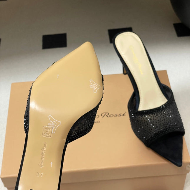 GIANVITO ROSSI 26S HIGH HEELS 85 MM IN BLACK SUEDE WITH RHINESTONE STRAP