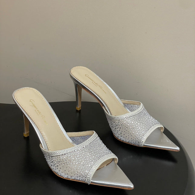 GIANVITO ROSSI 26S HIGH HEELS 85 MM IN SILVER LAMBSKIN WITH RHINESTONE STRAP