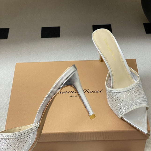 GIANVITO ROSSI 26S HIGH HEELS 85 MM IN SILVER LAMBSKIN WITH RHINESTONE STRAP