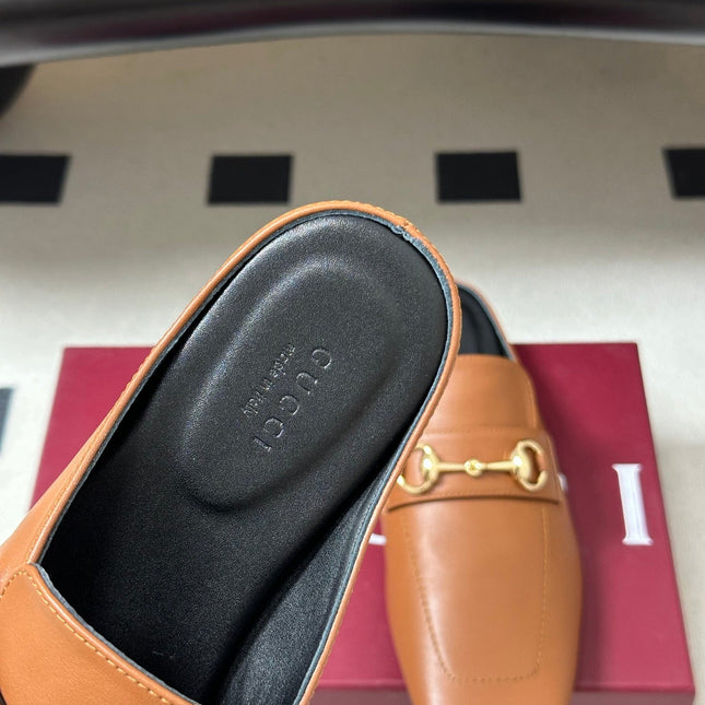 GUCCI 26S HORSEBIT LOAFER MULES IN LIGHT BROWN CALFSKIN