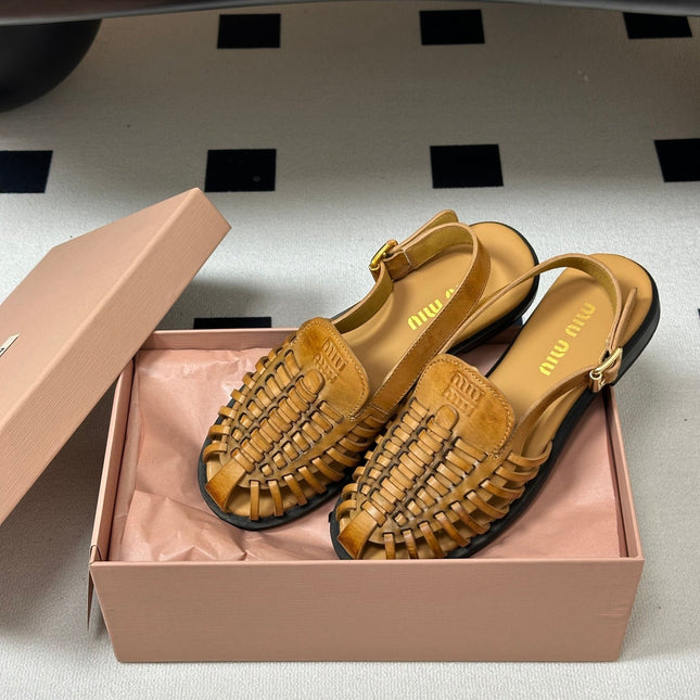 MIUMIU 26S SLINGBACK FISHERMAN SANDALS IN GOLD BROWN CALFSKIN