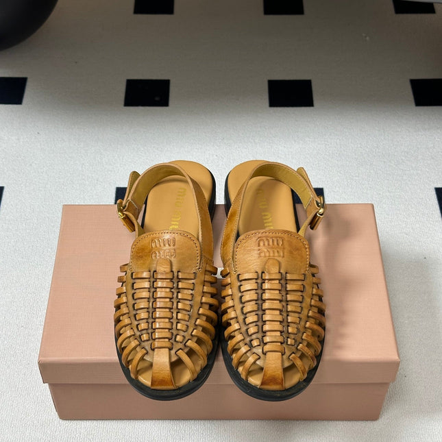 MIUMIU 26S SLINGBACK FISHERMAN SANDALS IN GOLD BROWN CALFSKIN