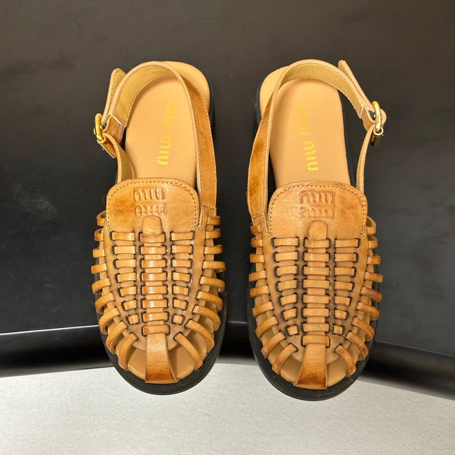 MIUMIU 26S SLINGBACK FISHERMAN SANDALS IN GOLD BROWN CALFSKIN