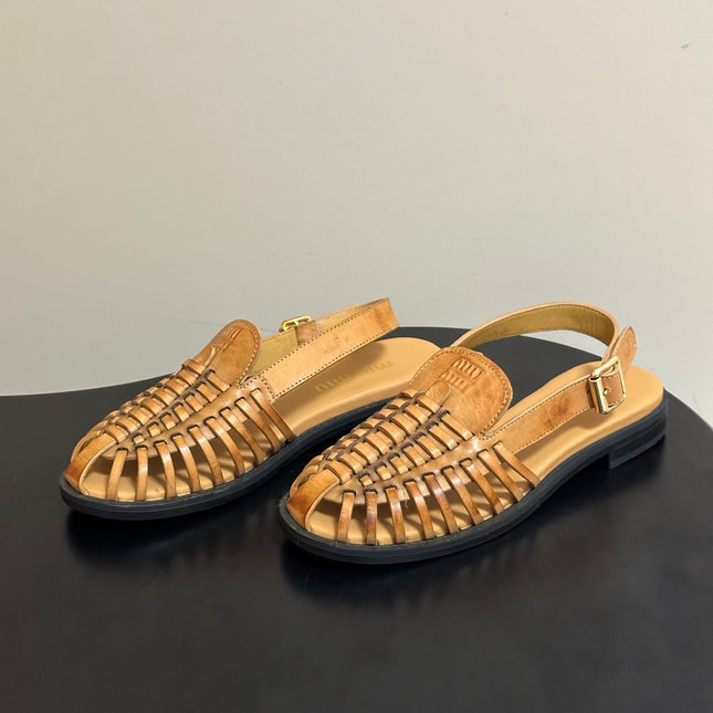 MIUMIU 26S SLINGBACK FISHERMAN SANDALS IN GOLD BROWN CALFSKIN