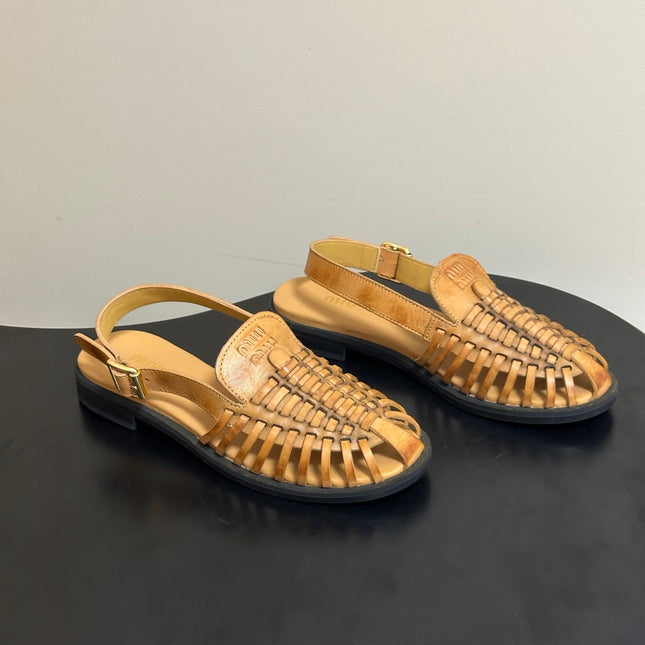 MIUMIU 26S SLINGBACK FISHERMAN SANDALS IN GOLD BROWN CALFSKIN