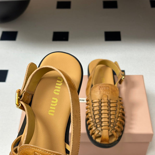 MIUMIU 26S SLINGBACK FISHERMAN SANDALS IN GOLD BROWN CALFSKIN