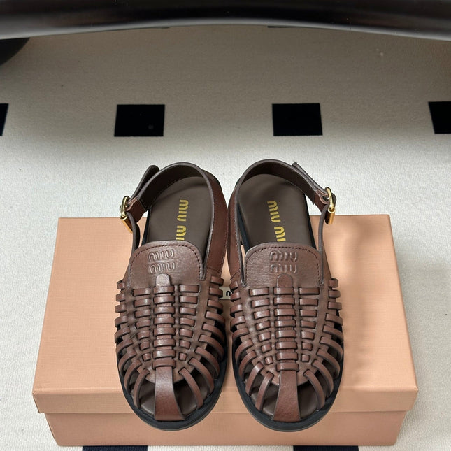 MIUMIU 26S SLINGBACK FISHERMAN SANDALS IN DARK BROWN CALFSKIN