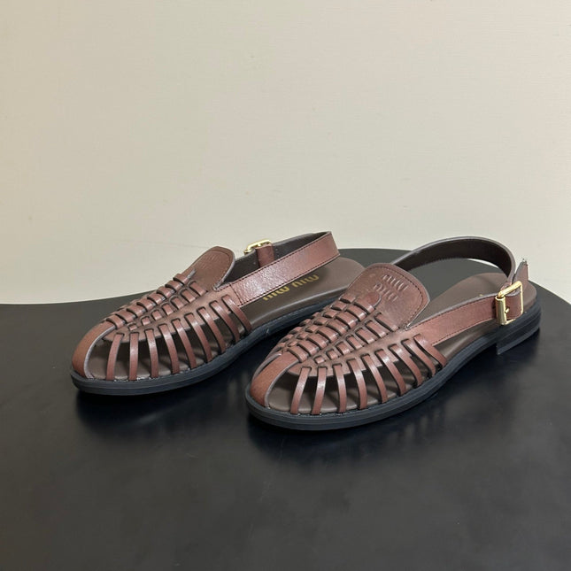 MIUMIU 26S SLINGBACK FISHERMAN SANDALS IN DARK BROWN CALFSKIN