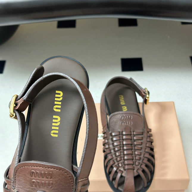 MIUMIU 26S SLINGBACK FISHERMAN SANDALS IN DARK BROWN CALFSKIN