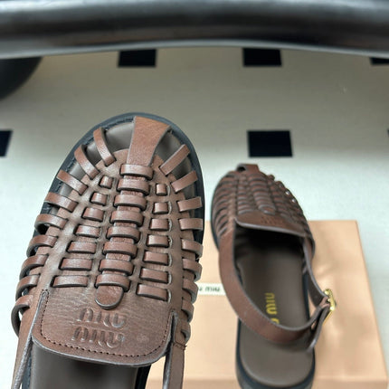 MIUMIU 26S SLINGBACK FISHERMAN SANDALS IN DARK BROWN CALFSKIN