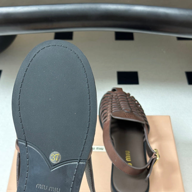 MIUMIU 26S SLINGBACK FISHERMAN SANDALS IN DARK BROWN CALFSKIN