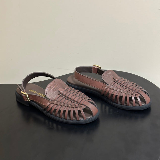 MIUMIU 26S SLINGBACK FISHERMAN SANDALS IN DARK BROWN CALFSKIN